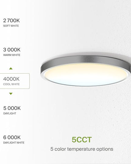 ASD LED 9" Round Flush Mount Ceiling Light Fixture, Low Profile Surface Lighting | 5CCT, Dimmable, Ultra-Thin, ETL Listed | 18W 1660LM 2700-6000K 120V | Kitchen, Bedroom, Hallway Lamp | Nickel