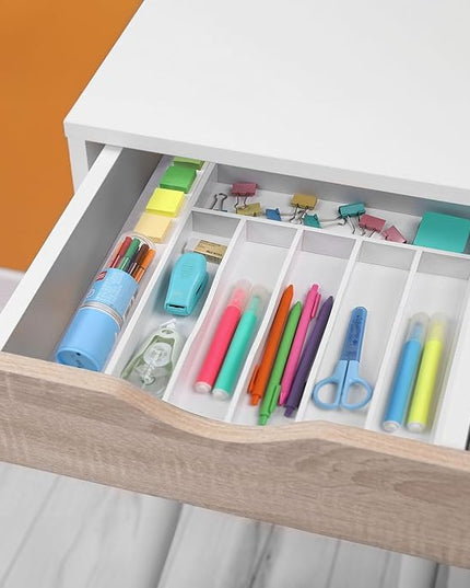 Kitchen Bamboo Silverware Organizer, Kitchen Drawer Organizer - Utensil Holder and Cutlery Tray with Grooved Drawer Dividers for Flatware 7 Slot, White