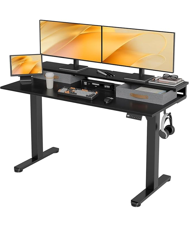 Claiks Electric Standing Desk with 2 Drawers, Adjustable Standing Desks with Storage, Height Adjustable Stand up Desk for Home Office with 2 Hooks,55 Inch Black