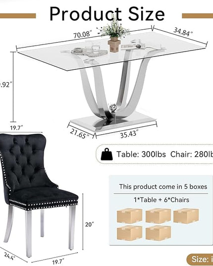 7-Piece Glass Dining Table Set w/6 Blue Upholstered Dining Chairs, 70in Rectangular Large Kitchen Table Set for 6, Glass and Silver Dining Table and Chair Set for 6