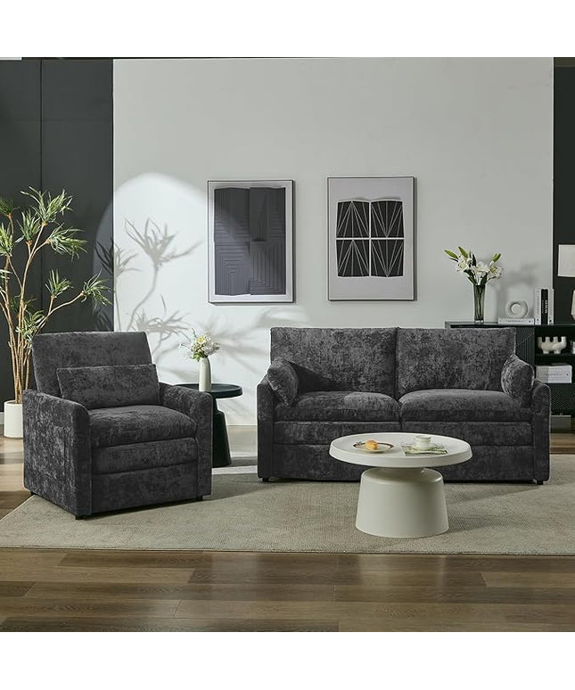 Tbfit Living Room Furniture Set, Loveseat Couch & Accent Chair, Modern Comfy Cloud Sofa Set, Spring Seat Cushions, Chenille Fabric, Dark Gray