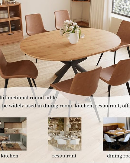 43.2"-59.1" Extendable Round Dining Table Set, Mid Century Wooden Round Kitchen Table, Oak Coffee Table for 4-6 Person,PU Leather Chair