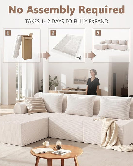 93" Sectional Couches for Living Room, Modular Sectional Sofa, Cloud Couch with L-Shape Chaise, Boneless Couches, Comfy Corduroy Fluffy Couch with Deep Seat, No Assembly Required, Beige