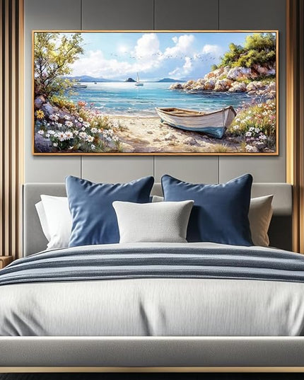 PHAOHUAXM Large Canvas Wall Art For Living Room Wall Decor For Bedroom Office Decor Print Marine Landscape Paintings Artwork Modern Stretched and Framed Beach Posters Home Decor 30"X60" Wood Framed