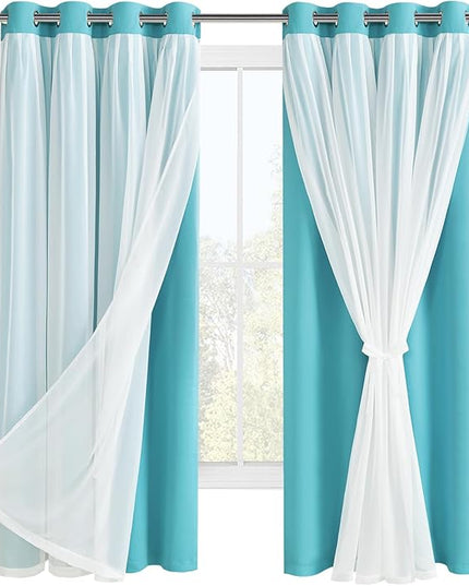 Hiasan Blackout Curtains with Sheer Overlay, Thermal Insulated Privacy Mix & Match Double Layer Window Curtains for Girls Bedroom, Living Room, 2 Drape Panels with Tiebacks, Turquoise, 52W X 63L