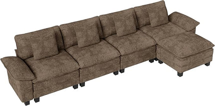 157-Inch L Shaped Sectional Sofa with Cloud Cushions, Deep Seat Modular Couch Set w/ 5 Seats & 1 Ottomans, Removable Arms, Plush Chenille Upholstery for Living Room, Apartment - Taupe