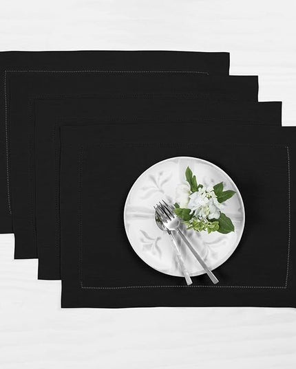 Solino Home Linen Placemats Set of 4 - Classic Hemstitch Black Placemats 14 x 19 Inch - 100% Pure Linen Table Mats for Winter, Holiday, Christmas, New Year