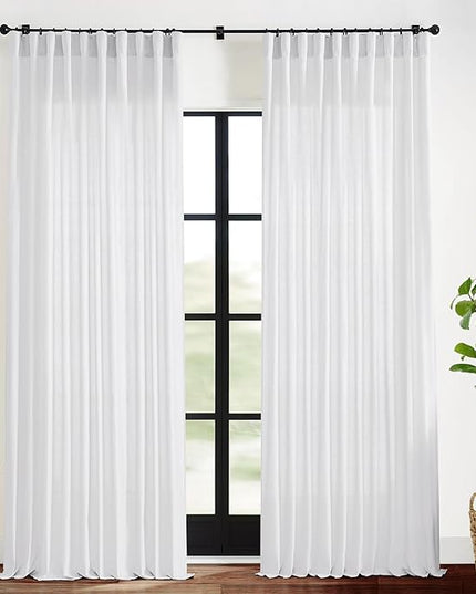 XTMYI 108 Inch Length White 2 Panels Back Tab/Hook Belt Linen Cotton Sheer Curtains for Bedroom,70 Inch Wide
