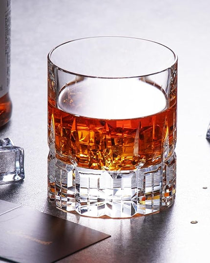 KAMMAK Crystal Whiskey Glasses Set of 2, Luxury 7.78oz Old Fashioned Glasses Stemless, Hand Blown Cocktail Glasses, Handcrafted Engraved Scotch Cup for Women, Men Gift for Bourbon Barware