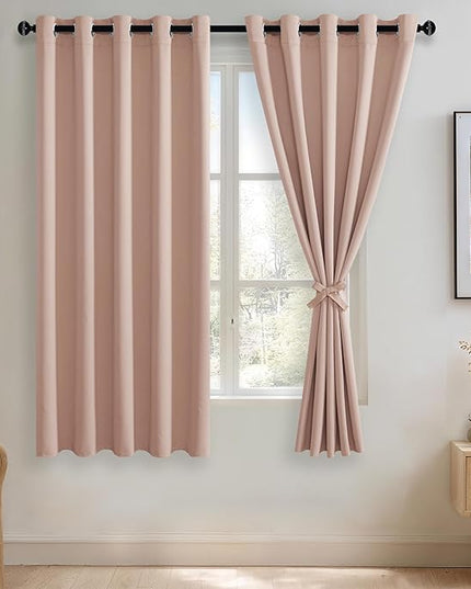 JIUZHEN Blush Pink Blackout Curtains with Tiebacks Thermal Insulated, Light Blocking and Noise Reducing Grommet Curtains for Bedroom and Living Room, Set of 2 Window Curtain Panel, 60 x 63 Inch Length