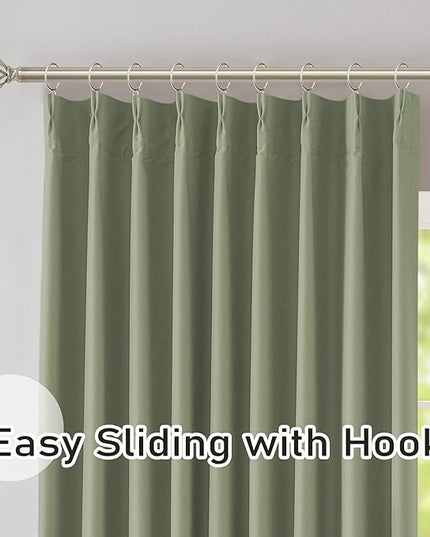 DONREN Sage Green 60 inch Wide Pinch Pleated Blackout Curtains with Hooks - 102 inch Length Room Darkening Thermal Insulated Window Curtain Panels for Patio Sliding Glass Door,Pack of 2