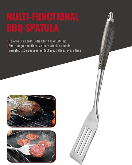 Stainless Steel BBQ Tool Set with Veined-Dyed Wooden Handles | Heavy Duty Grilling Accessories | 3-Piece Outdoor Barbecue Grill Utensil Set with Spatula, Fork, and Tongs - Ideal Gift for Men…