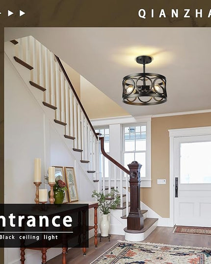 Farmhouse Semi Flush Mount Ceiling Light,3-Light Industry Black Sloped Ceiling Light Fixtures D13 Inches Drum Metal Light Fixture for Entryway Foyer Hallway Kitchen Dining Room