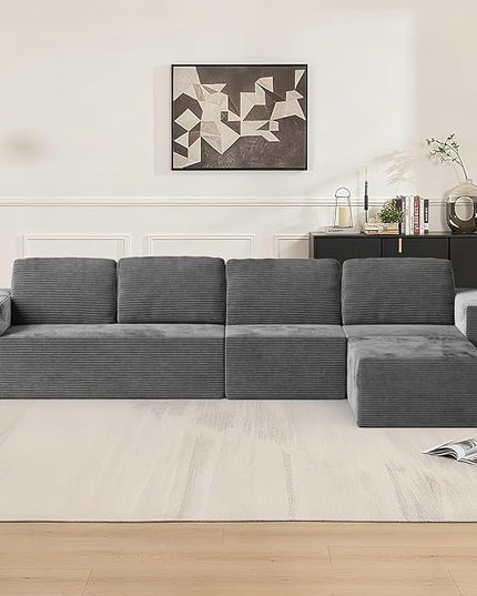 136" Modular Sectional Sofa with L-Shape Chaise, Right/Left Facing Deep Seat Cloud Couch, No Assembly Required, Upholstered Couch for Living Room Bedroom (Deep Grey, Plush Corduroy Fabric)