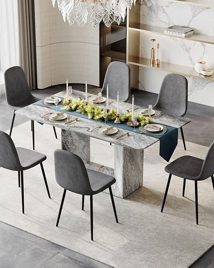 Dinner Table Set for 6, 7 Piece Dining Table Set with Chairs, 63" Faux Marble Modern Table with 6 Linen Fabric Chairs, for Kitchen & Dining Room