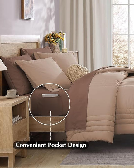 Monbix Queen Comforter Set - 7 Pieces Rust Pink Bed in a Bag Queen Bedding Sets with Comforters, All Seasons Comforter Bed Set with Sheets,Pillowcases & Shams