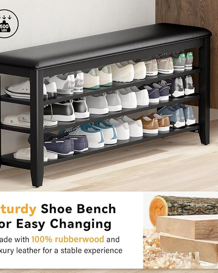 Shoe Bench Storage Rubberwood with Leather Cushion for Entryway Bench Ideal for Hallways Shoe Rack Front Doors Entrances Mudrooms Featuring 3 Height-Adjustable and Removable Shelves