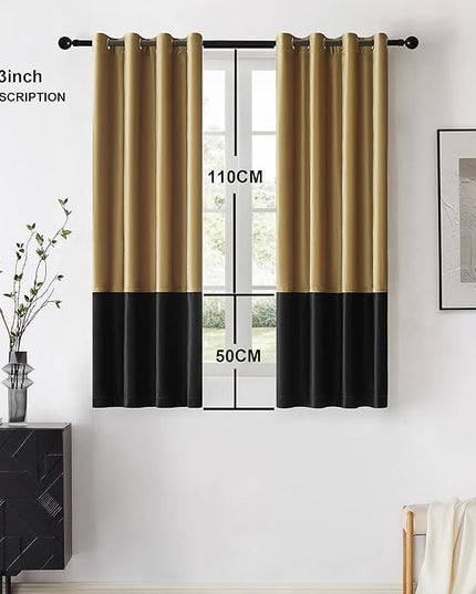 BULBUL Color Block Window Curtains Panels 63 inches Long Gold Black Velvet Farmhouse Drapes for Bedroom Living Room Darkening Treatment with Grommet Set of 2