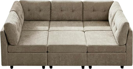 VANOMi 5 Seater Modular Sectional Sofa, Convertible Modular Cloud Sofa Bed with Ottoman, Comfy Chenille Sofas & Couches for Living Room, Apartment, Office, Beige, Sofa Bed