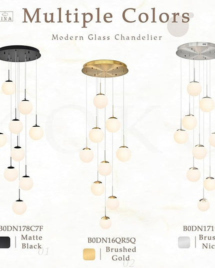 KoKo&Yukina 9-Light Globe Milky White Glass Pendant Light Adjustable Length Pendant Lights Modern Glass Globe Pendant Lights Black Chandeliers Large Chandeliers for High Ceilings (Bulb & Remote Incl)