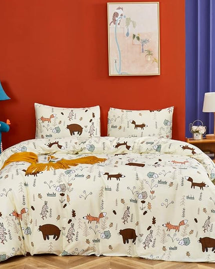 CLOTHKNOW Yellow Bear Queen Comforter Set 3Pcs Kids Bedding Comforter Sets Cute Animal Fox Woodland Forest Comforter with 2 x Pillow Cases