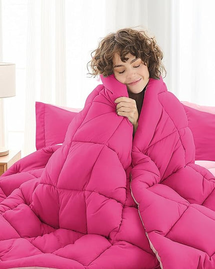 MUXHOMO 7 Pieces Full Comforter Set, Reversible Bed in a Bag Full Size, All Season Bedding Set with Comforter, Flat Sheet, Fitted Sheet, Pillowcases & Shams, Hot Pink & Baby Pink