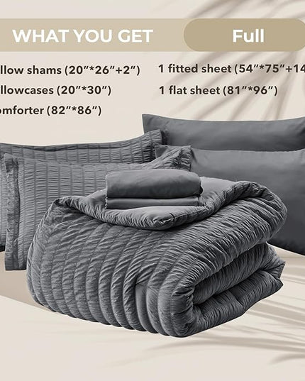 HYMOKEGE Full Size Comforter Sets Seersucker 7 Pieces, All Season Luxury Bed in a Bag for Bedroom, Bedding Set with Comforters, Sheets, Pillowcases & Shams, Dark Grey