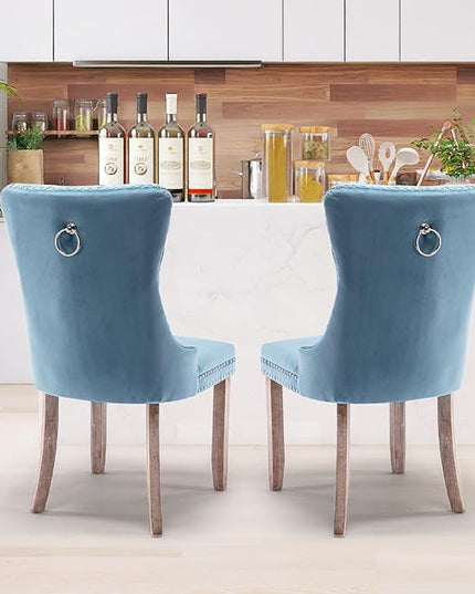SoarFlash Velvet Dining Chairs Set of 2, Tall Back Side Chair, Modern Upholstered High-end Tufted Side Chair with Button Back Ring, Solid Wood Legs Sky-Blue