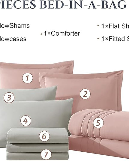 Monbix Full Comforter Set - 7 Pieces Light Pink Bed in a Bag Full Size Bedding Sets with Comforters, All Seasons Down Alternative Comforter with Sheets,Pillowcases & Shams