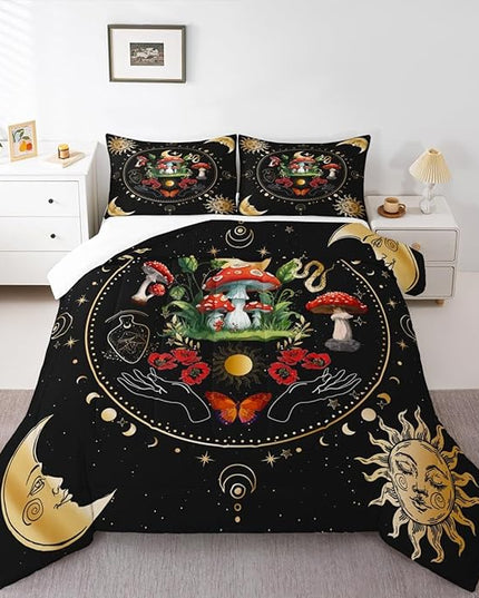 Mushroom Kids Comforter Set Twin Size,Sun Moon Starry Sky Galaxy Romantic Bedding Set,Girls Boys Adults Bedroom Decor,Butterfly Snake Boho Trippy Down Comforter,Colorful Duvet Insert,1 Pillowcase