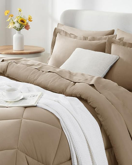 CozyLux Full Size Comforter Sets Taupe - 7 Pieces Bed in a Bag Full, Luxury Soft Bed Set for All Seasons, Bedding Set with Down Alternative Comforter, Sheets, Pillowcases & Shams