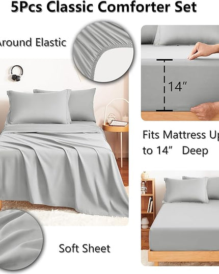 CozyLux Twin Comforter Set with Sheets Light Grey - 5 Pieces Bed in a Bag Twin, All Season Bed Set for Girls and Boys, Bedding Set with Down Alternative Comforter, Sheets, Pillowcase & Sham