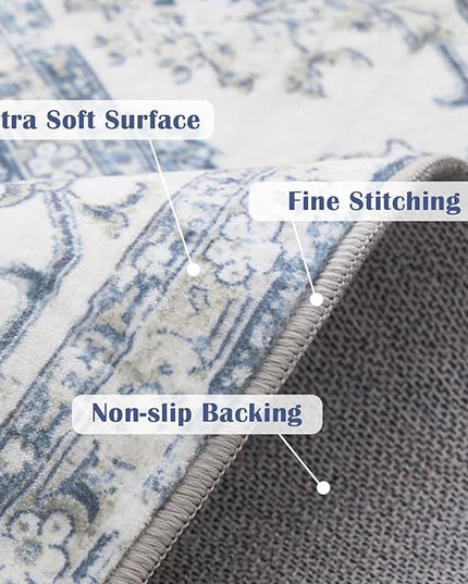 jinchan Fiora Round Rug 4ft Area Rug - Indoor Vintage Hallway Circle 4' Washable - Ultra-Thin Low Pile Soft Small Non Slip Distressed Floral Print for Living Room Bedroom Entryway Dark Blue