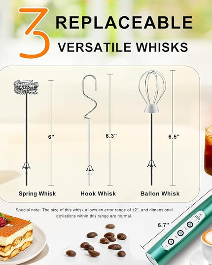 YUSWKO Green Handheld Milk Frother Wand for Coffee, Rechargeable Electric Whisk with 3 Heads 3 Speeds Drink Mixer Coffee Frother For Latte, Cappuccino, Hot Chocolate, Egg