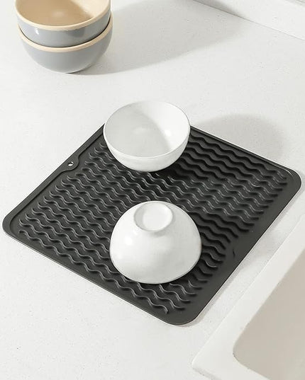 Silicone Dish Drying Mat for Multiple Usage,Easy clean,Eco-friendly,Heat-resistant Silicone Mat for Kitchen Counter or Sink,Refrigerator or Drawer liner Black M 12 inches x 12 inches