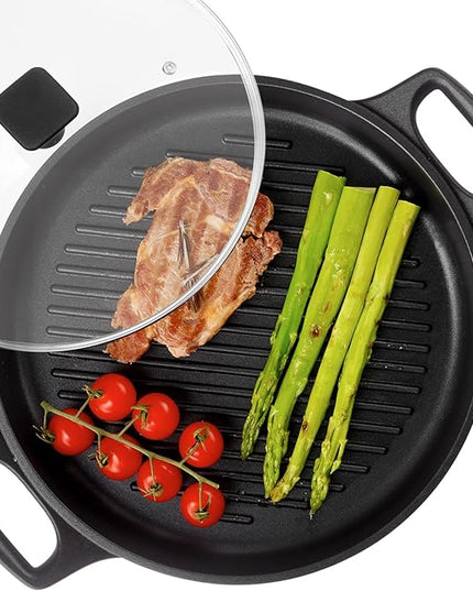 S·KITCHN Cast Aluminum Griddle Pan for Stovetop with Lid - Lighter than Cast Iron Skillet,Round Frying Pans Nonstick Grill Pan Dishwasher & Oven Safe,12IN
