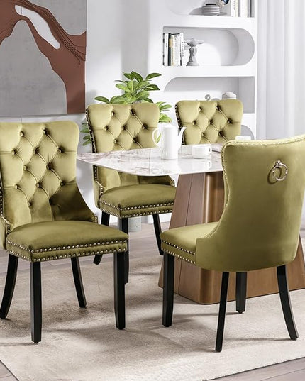 SoarFlash Velvet Dining Chairs Set of 4, Tall Back Side Chair, Modern Upholstered High-end Tufted Side Chair with Button Back Ring, Solid Wood Legs (Olive Green)