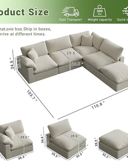 Cloud Modular Sectional Sofa,143" Down Filled Sofa 4 Seat with Chaise,Minimalist Sofa Cover Washable and Replaceable Couches for Living Room,Sectional Sofa Deep Seat