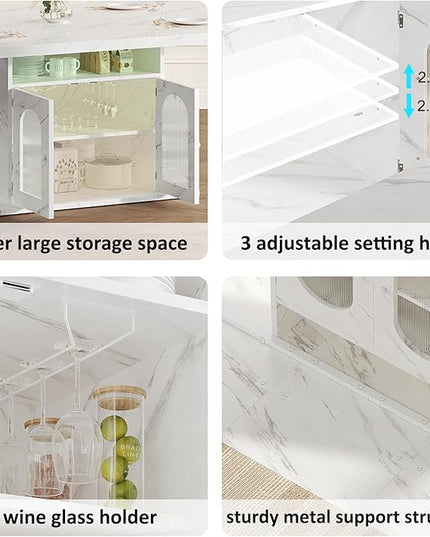 HSH Dining Table for 4–6, 63" Modern Kitchen Dining Room Table with Storage Shelves & Acrylic Door Cabinet,Wood Rectangle Dinner Table with Faux Marble Top for Home Apartment, White Faux Marble