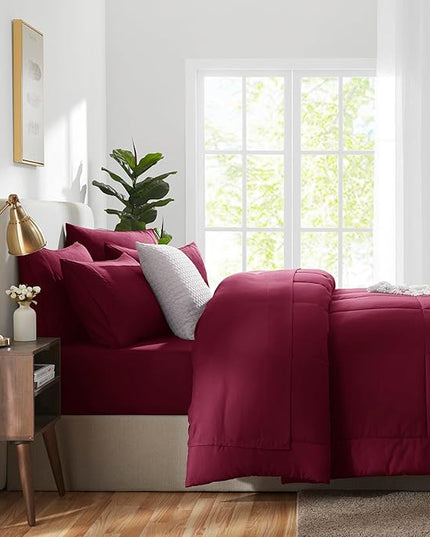 CozyLux Queen Comforter Set Burgundy, 7 Pieces Bed in a Bag, Red Comforter Queen Size, All Season Bedding Sets with Stitch Quilted Comforter, Flat Sheet, Fitted Sheet, Pillowcases
