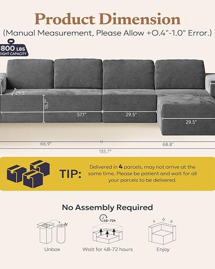 136" Modular Sectional Sofa with L-Shape Chaise, Right/Left Facing Deep Seat Cloud Couch, No Assembly Required, Upholstered Couch for Living Room Bedroom (Deep Grey, Plush Corduroy Fabric)