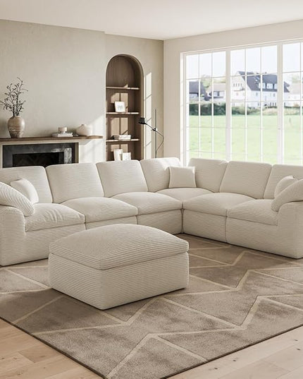 Oversized Cloud Couch Sectional Sofa, 7 Seater Modular Sectional Couches with Movable Ottoman, Convertible Corduroy Couch Boneless Comfy Sofa for Living Room, No-Assembly, Cream