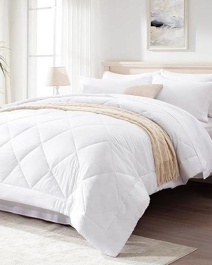 Love's cabin King Size Comforter Set White, 7 Pieces King Bed in a Bag, All Season Bedding Sets with 1 Comforter, 1 Flat Sheet, 1 Fitted Sheet, 2 Pillowcase and 2 Pillow Sham