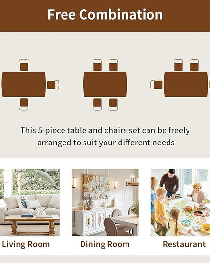5-Piece Wooden Dining Set Mid-Century Modern Dinner Table and 4 Upholstered Chairs Rectangular Table with Chairs Set Rubberwood Legs Linen Padded Seat & Backrest for Dining Room Kitchen Apartment