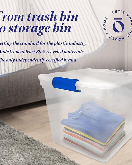 HOMZ 4-Pack Latching Lid, Large Clear Plastic Storage Bins with Lids, 31 Quart, Blue Latch - Stackable Container Boxes for Home, Bathroom, and Office Organization