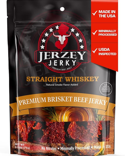 Jerzey Jerky Straight Whiskey Brisket Jerky 2.5oz – High Protein, Gluten Free and Healthy Beef Snacks with Rich, Authentic Flavor