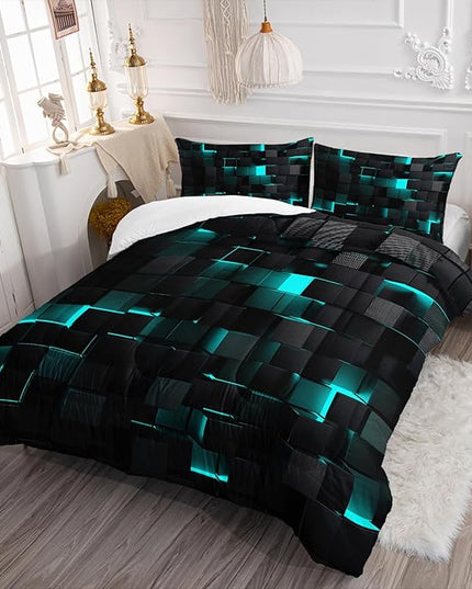 Geometric Turquoise Black Comforter Set,Light Honeycomb 3 Piece Bedding Set Full Size for Teen Boys,Modern Quilt Set Geometry Decor,Microfiber Lightweight 1 Comforter 2 Pillowcases All Season