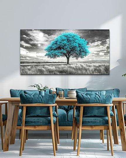 KELIYUAN Modern Canvas Print Wall Art Blue Tree Painting Full Of Stars Black And White Art pictures Natural Landscape Wall Decoration Suitable For Living Room Bedroom Office Framed Stretch 20x40 In