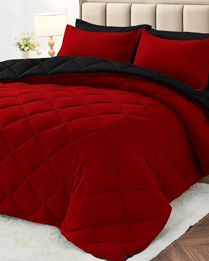 MUXHOMO 7 Pieces California King Comforter Set, Reversible Bed in a Bag Cal King Size, All Season Bedding Set with Comforter, Flat Sheet, Fitted Sheet, Pillowcases & Shams, Red & Black