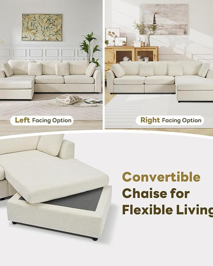 Tbfit L Shaped Couch, Oversized 108" Modular Sectional Sofa with Convertible Chaise, Comfy 4 Pillows Sofa for Living Room, Beige